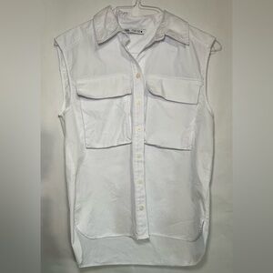 Zara White Sleeveless Button Up Collared  Utility Shirt W/ Chest Pockets Sz S